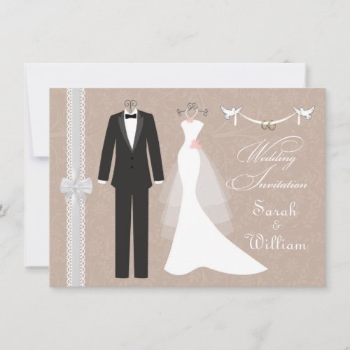 Tuxedo gown and doves 0n orange brown Wedding Invitation