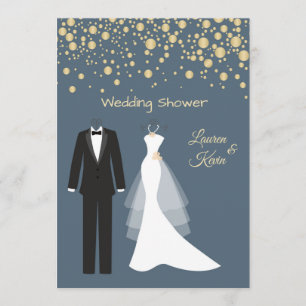 Tuxedo & Gown, golden confetti, couple shower Invitation