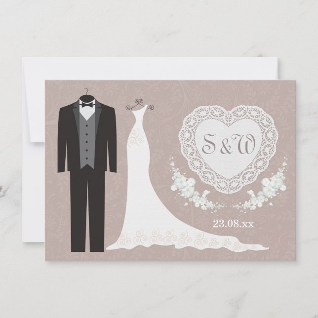 Tuxedo gown, heart on beige gray Wedding Invitation (Front)