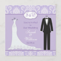 Tuxedo & Gown on lavender lilac damask Wedding