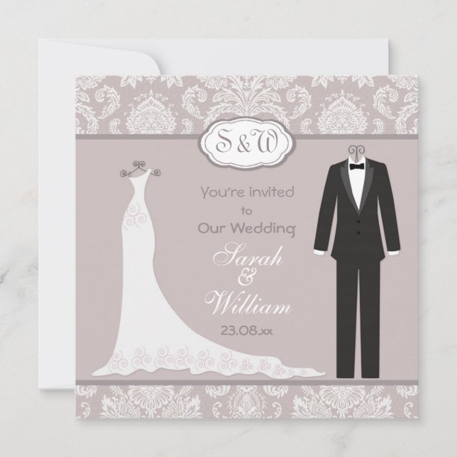 Tuxedo & Gown on pink gray damask Wedding Invitation (Front)