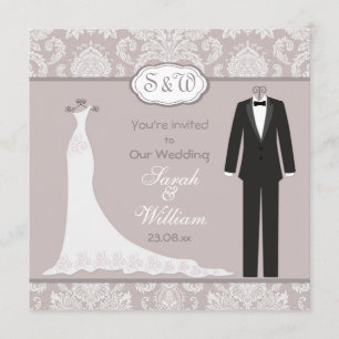 Tuxedo & Gown on pink gray damask Wedding Invitation