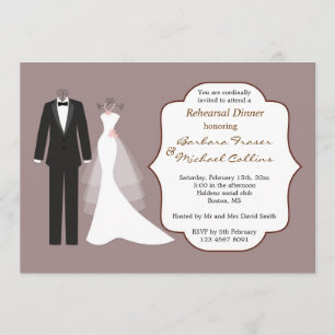 Tuxedo & gown on plum Rehearsal Dinner Invitation