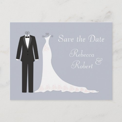 TuxedoGown on silver blue Save the Date Postcard