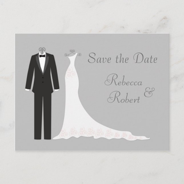 Tuxedo, Gown on silver Save the Date Postcard (Front)
