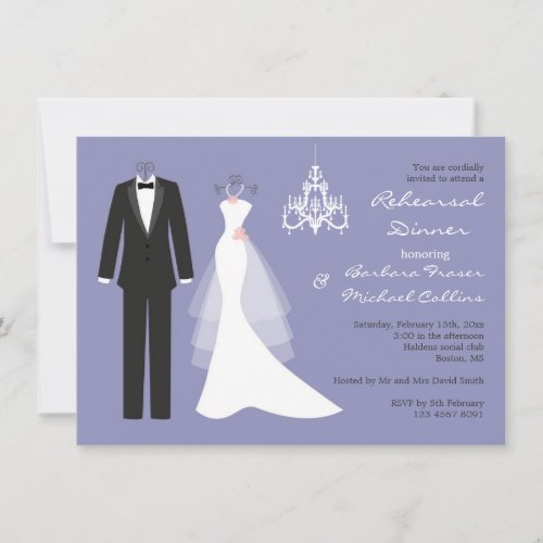 Tuxedo, gown on violet Rehearsal Dinner Invitation