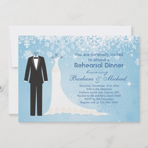 Tuxedo gown snowflakes Rehearsal Dinner Invitation