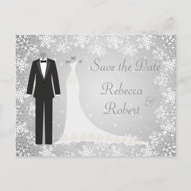 Tuxedo, Gown, Snowflakes Save the Date Postcard (Front)