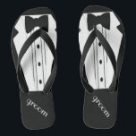Tuxedo Grooms Flip Flops | Grooms Beach Wedding<br><div class="desc">The perfect touch to your destination beach or poolside wedding. Black flip flops with a black and white formal tuxedo and bow tie image. Your groom will marry in style with these fashionable "tuxedo flip-flop sandals" Add a matching wedding gown style for the bride! Please visit my store "The Hungarican...</div>