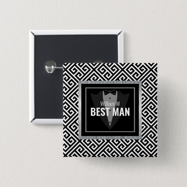Tuxedo groomsman, best man black and white tuxedo  button (Front & Back)