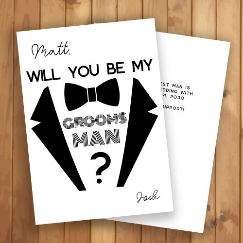 Tuxedo groomsmen black and white proposal card