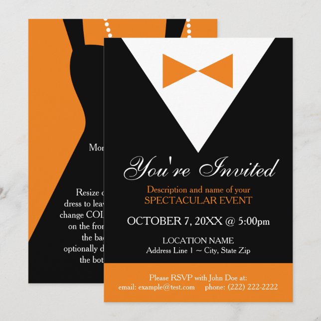Tuxedo Invitations | Black and Orange Formal Party (Front/Back)