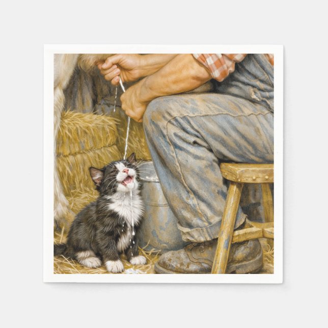 Tuxedo Kitten Drinking Cow Milk Napkins (Front)