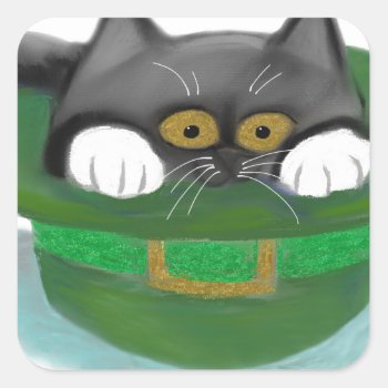 Tuxedo Kitten Fits Inside A Leprechaun’s Hat Square Sticker by Nine_Lives_Studio at Zazzle