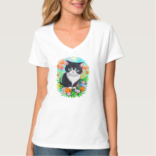 Tuxedo Kitten Floral Garden Watercolor T-Shirt