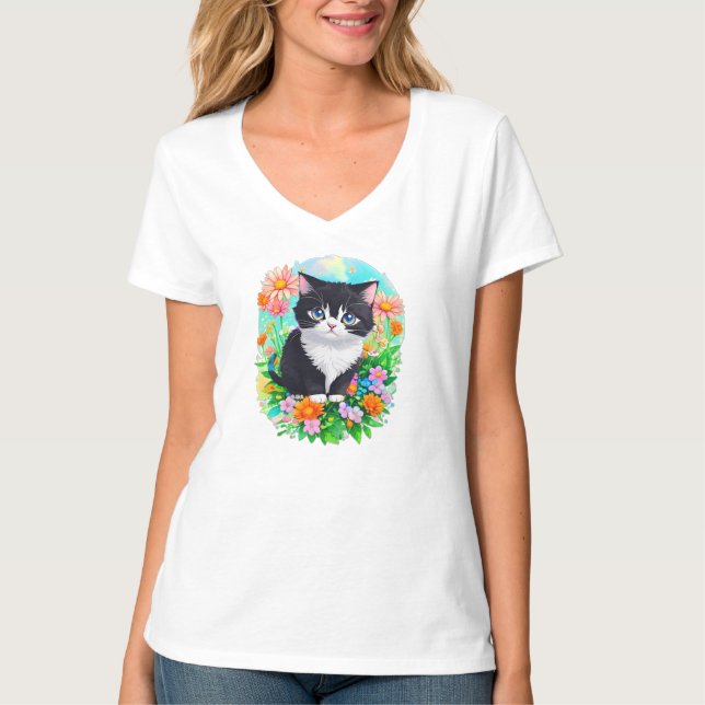 Tuxedo Kitten Floral Garden Watercolor T-Shirt (Front)