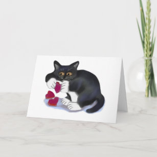 Tuxedo Kitten has Three Valentine Heart Catnip Toy Holiday Card