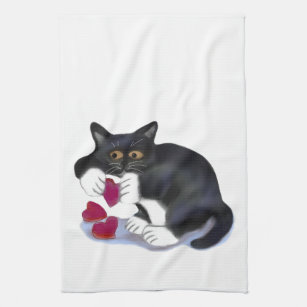 Tuxedo Kitten has Three Valentine Heart Catnip Toy Kitchen Towel