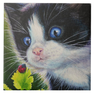 Tuxedo Kitten & Ladybug Watercolor Art Ceramic Tile