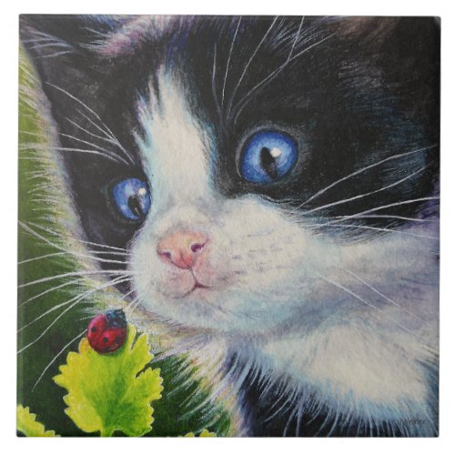 Tuxedo Kitten  Ladybug Watercolor Art Ceramic Tile