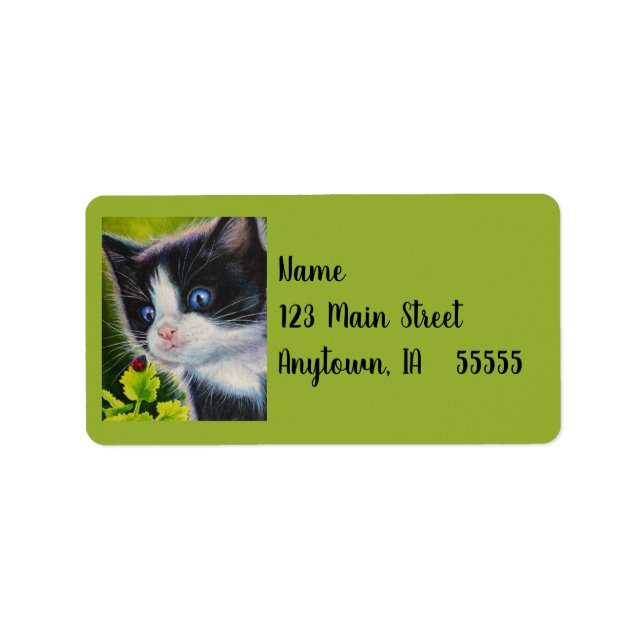 Tuxedo Kitten & Ladybug Watercolor Art Label (Front)