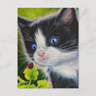 Tuxedo Kitten & Ladybug Watercolor Art Postcard
