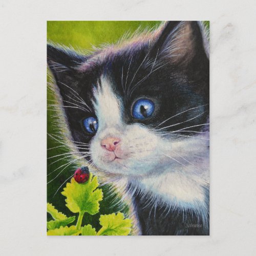 Tuxedo Kitten  Ladybug Watercolor Art Postcard