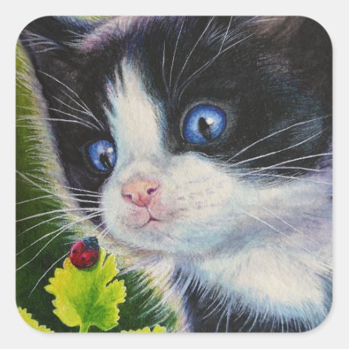 Tuxedo Kitten  Ladybug Watercolor Art Square Sticker