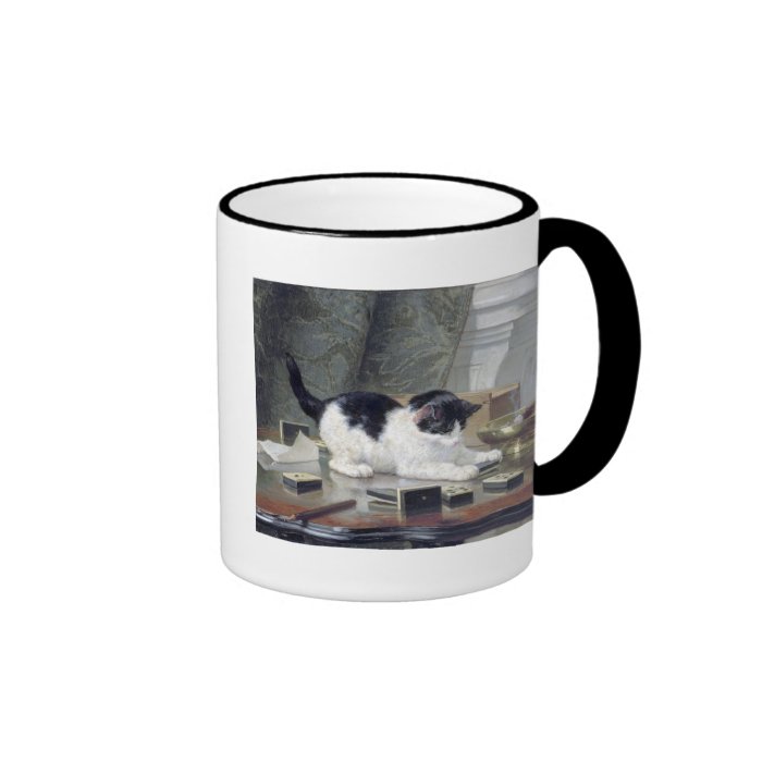 Tuxedo kitten playing dominoes painting gift coffee mug