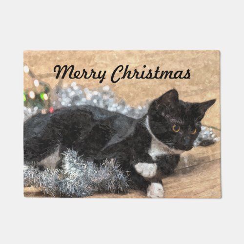 Tuxedo Kitten Tinsel and Lights Door Mat