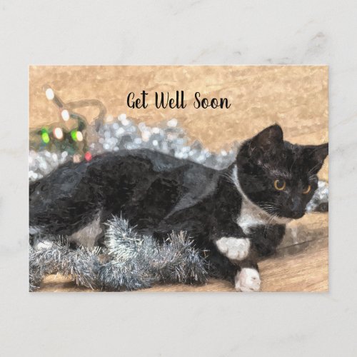 Tuxedo Kitten Tinsel and Lights Get Well Postcard