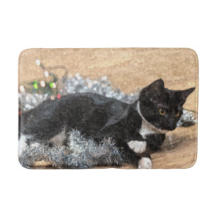 Tuxedo Kitten Tinsel and Lights Painterly Bath Mat