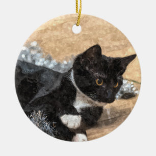 Tuxedo Kitten Tinsel and Lights Painterly Ceramic Ornament