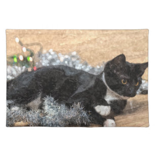Tuxedo Kitten Tinsel and Lights Painterly Cloth Placemat
