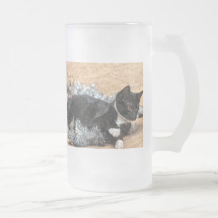 Tuxedo Kitten Tinsel and Lights Painterly Frosted Glass Beer Mug