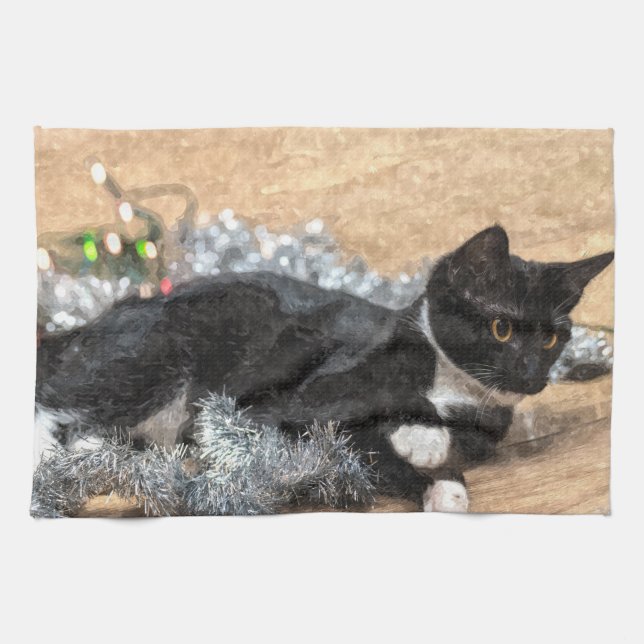 Tuxedo Kitten Tinsel and Lights Painterly Kitchen Towel (Horizontal)