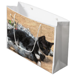 Tuxedo Kitten Tinsel and Lights Painterly Large Gift Bag
