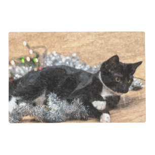 Tuxedo Kitten Tinsel and Lights Painterly Placemat