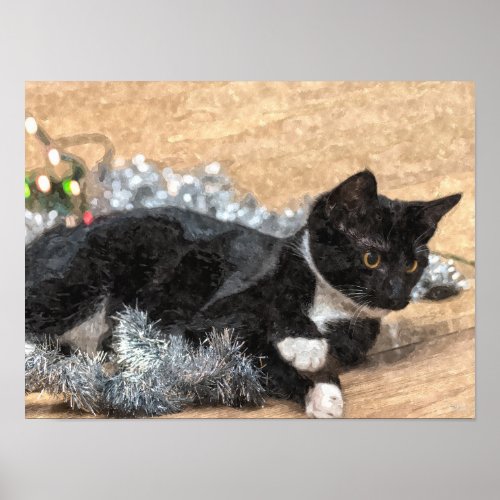 Tuxedo Kitten Tinsel and Lights Painterly Poster