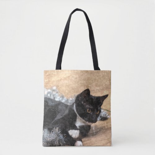 Tuxedo Kitten Tinsel and Lights Painterly Tote Bag