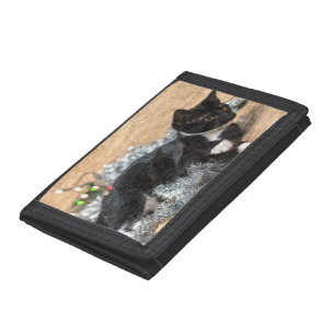 Tuxedo Kitten Tinsel and Lights Painterly Tri-fold Wallet