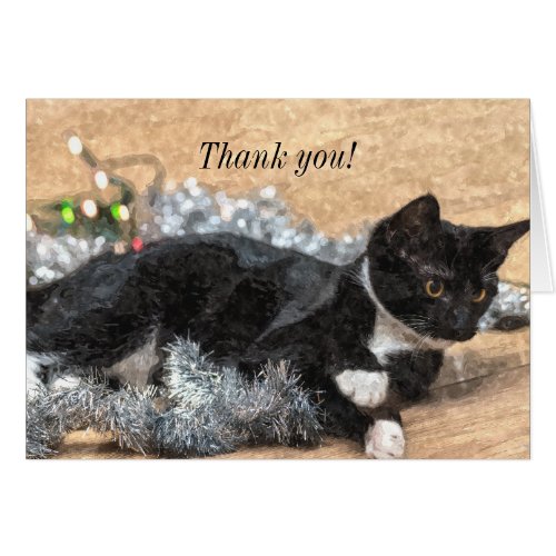Tuxedo Kitten Tinsel and Lights Thank You Card