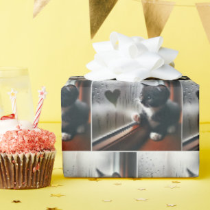 Tuxedo Kitten With a Window Heart Wrapping Paper