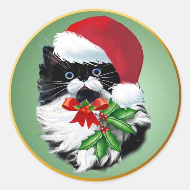 Tuxedo Kitty at Christmas Classic Round Sticker (Front)