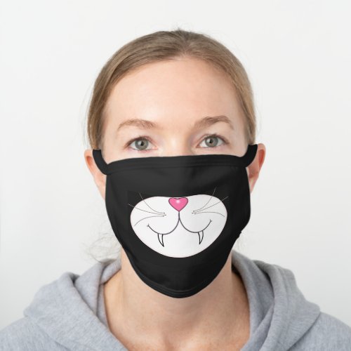 Tuxedo kitty cat with fangs in black and white black cotton face mask