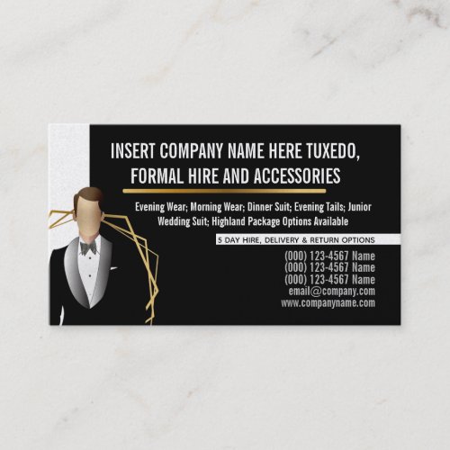 Tuxedo man modern gold black suit hire business business card