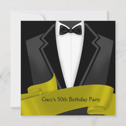 Tuxedo Mans Black Gold 50th Birthday Party Custom Announcement