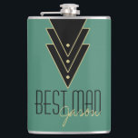 Tuxedo Modern Art Deco Best Man Hip Flask<br><div class="desc">A great gift idea for the Best Man in your wedding, this design features an art deco-inspired trio of triangles bordered in a gold hue and studded with dots. Add the name of your best man in place of the sample text. You can change the background color of this flask...</div>