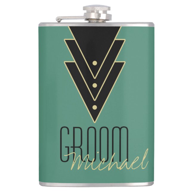 Tuxedo Modern Art Deco Groom Flask (Front)