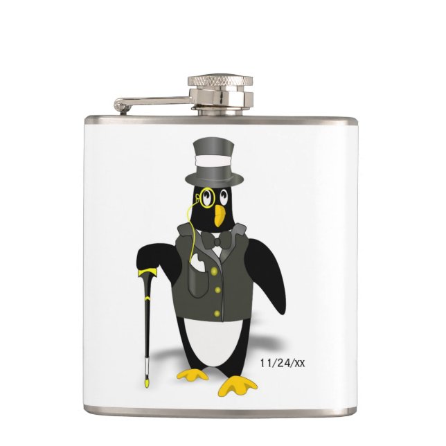 Tuxedo Penguin Groomsman Wedding Optional Date Flask (Front)